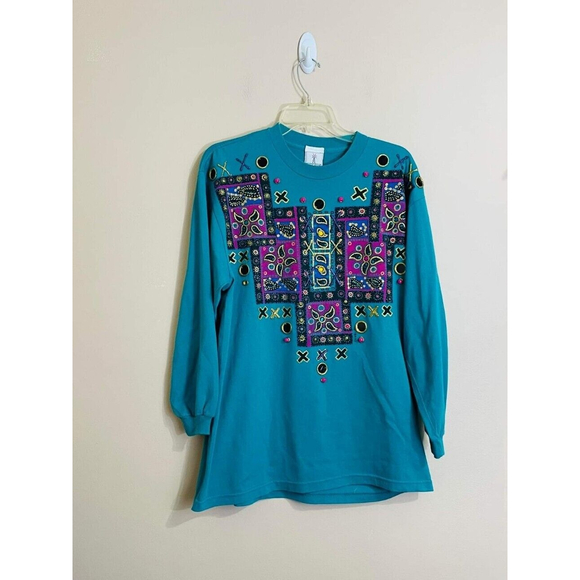 VTG 90s KWBL Los Angeles Womens Hand Painted Shirt Teal Embellished One Size - Picture 1 of 7